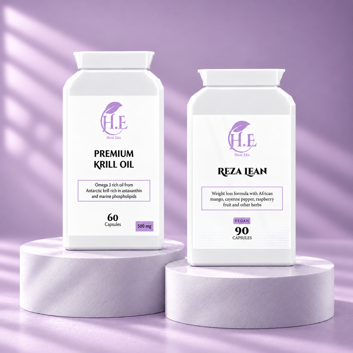 Two white supplement bottles from H.E Health Labs displayed on round white pedestals against a lavender background.