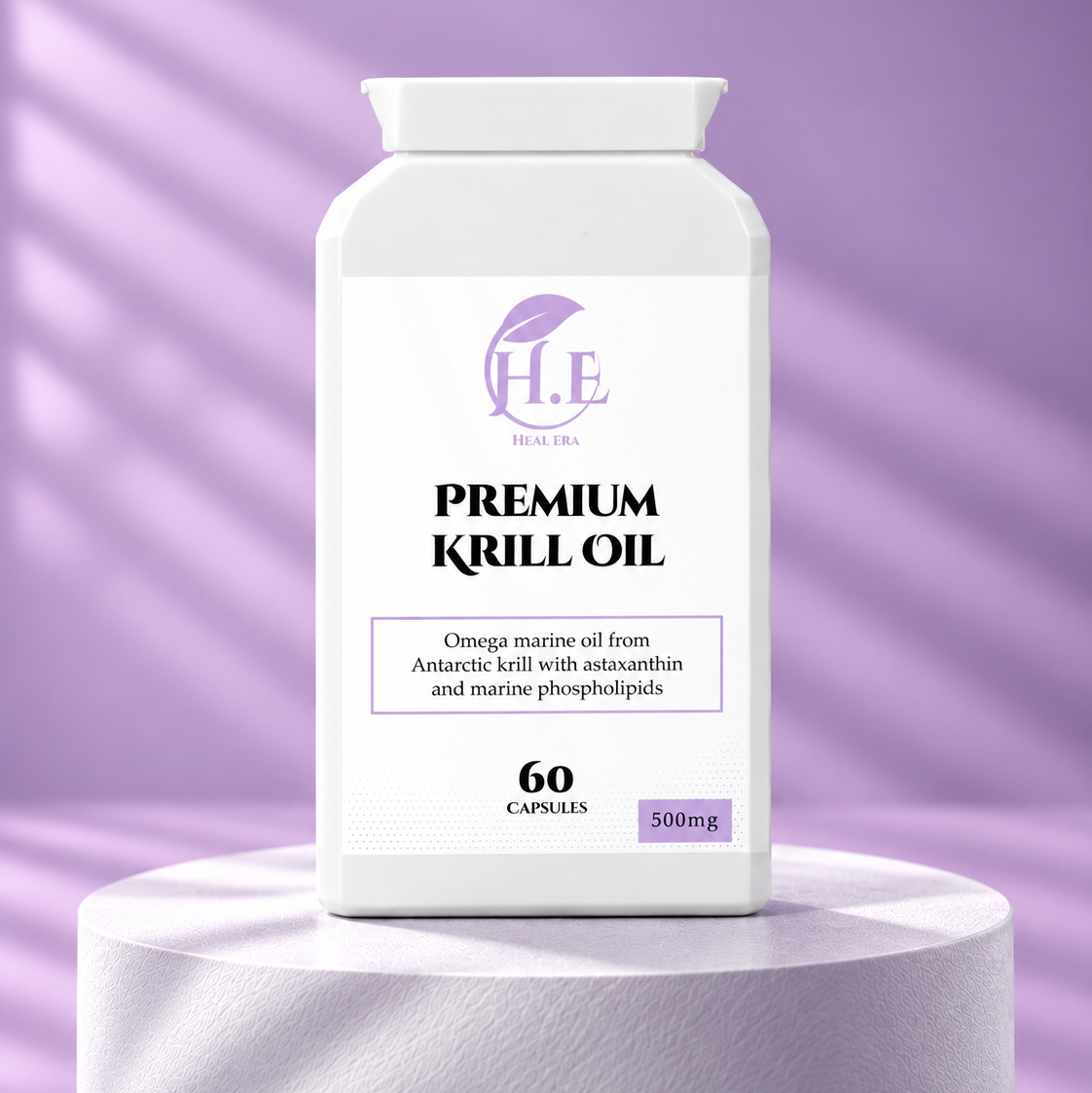 A white bottle of H.E Wellness Labs Premium Krill Oil capsules, displayed on a matching white pedestal against a purple background with soft diagonal shadows.