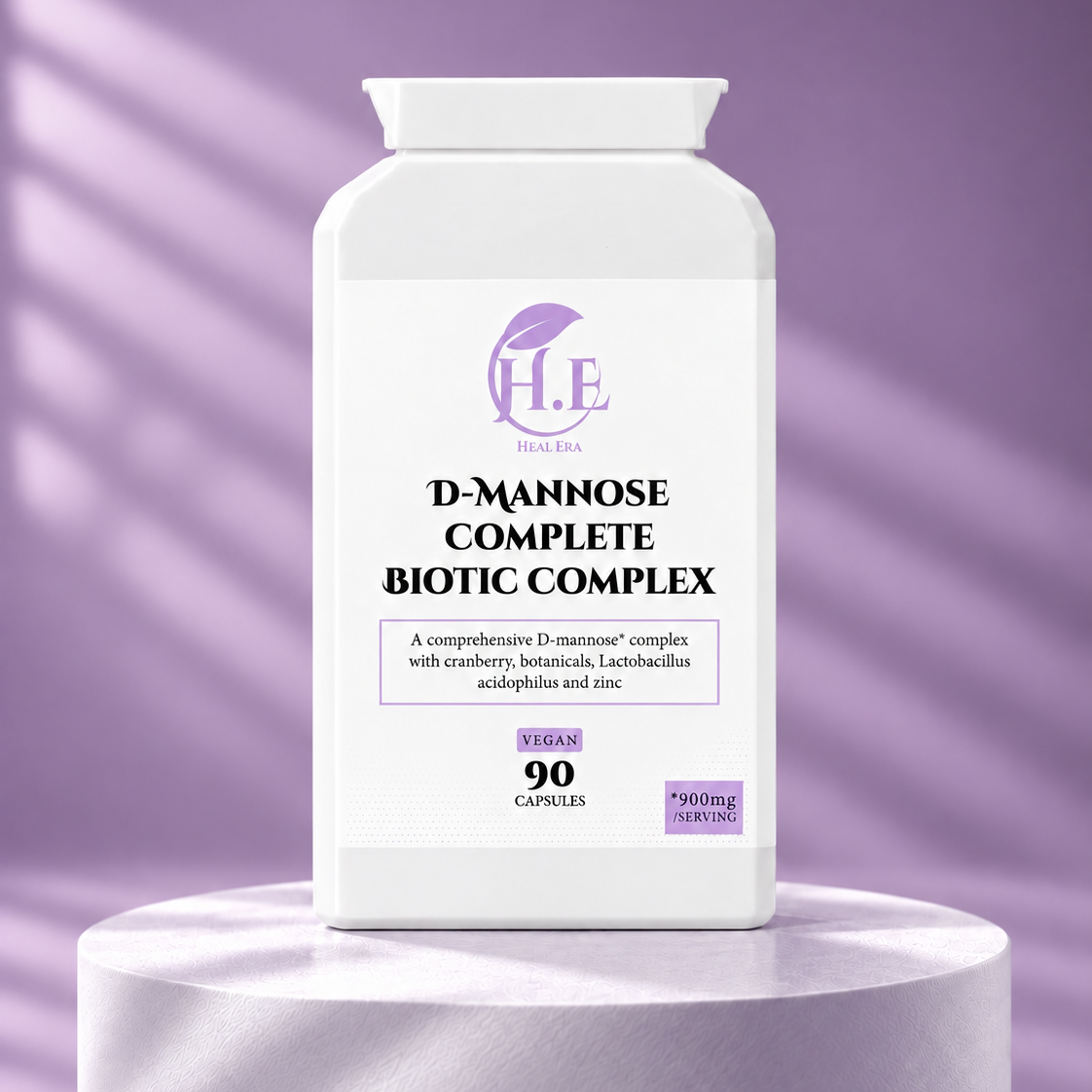 A white bottle of H.E DHA D-Mannose Complete Biotic Complex dietary supplement, displayed on a matching white cylindrical pedestal against a purple background with soft shadow overlays.