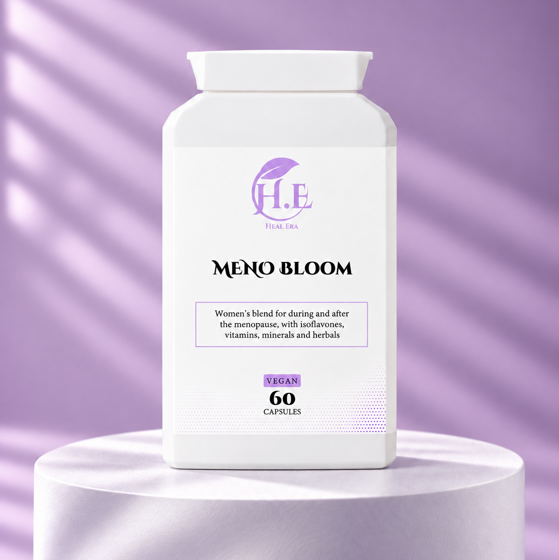 A white supplement bottle labeled 'MENO BLOOM' by H.E Wellness Labs, displayed on a white pedestal against a lavender-purple background with soft diagonal shadows.