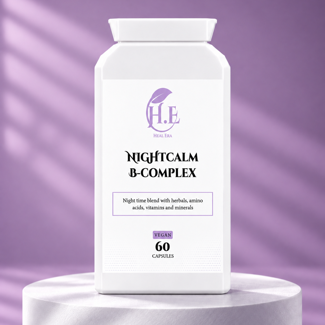 A white bottle of H.E Wellness Labs Nightcalm B-Complex capsules displayed on a white pedestal against a purple background with soft diagonal shadows.