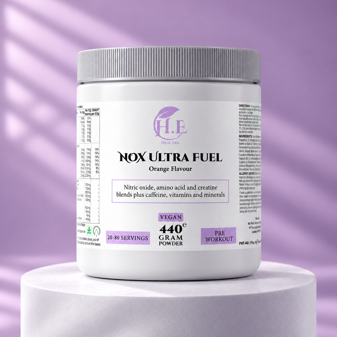 A white plastic tub of H.E NQX Ultra Fuel pre-workout powder in orange flavor, displayed on a white cylindrical pedestal against a lavender-purple background with soft diagonal light streaks.