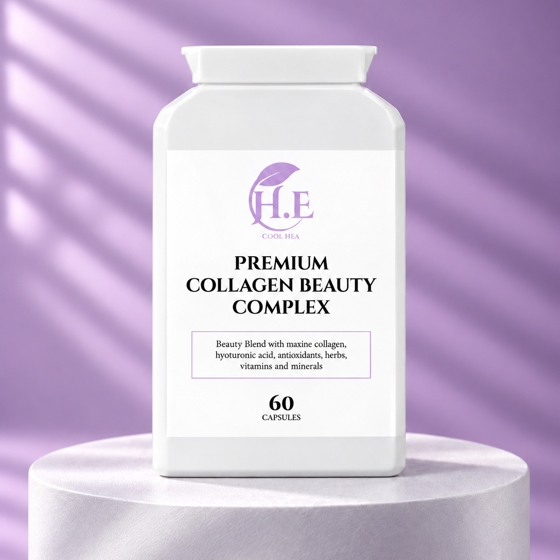 A white bottle of H.E Premium Collagen Beauty Complex capsules displayed on a white pedestal against a lavender-purple background with soft diagonal shadows.