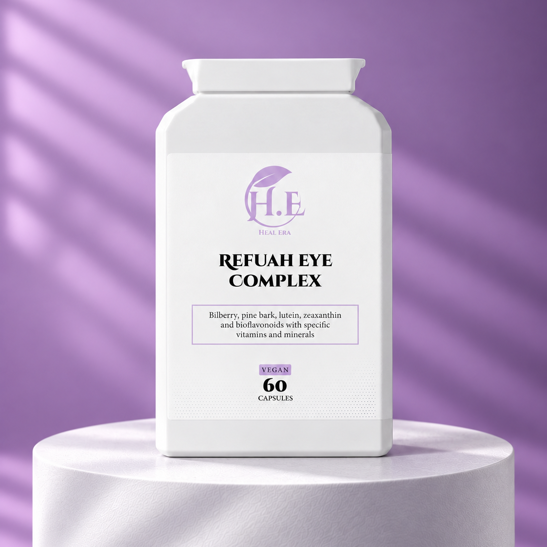 A white bottle of H.E Skincare 'Refuah Eye Complex' capsules displayed on a white cylindrical pedestal against a purple background with soft diagonal shadows.