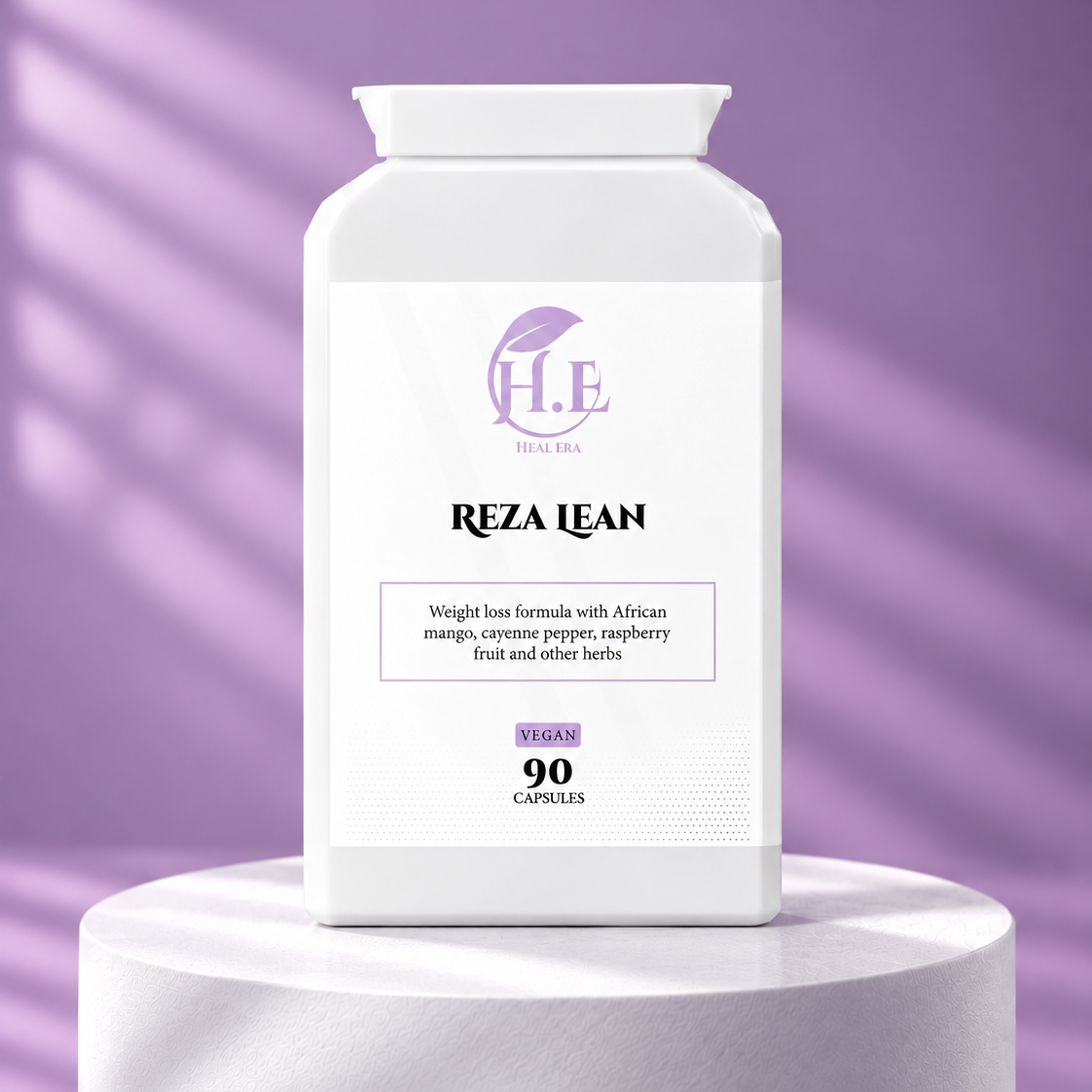 A white supplement bottle labeled 'REZA LEAN' by H.E Since 2019, displayed on a white cylindrical pedestal against a purple background with soft diagonal shadows.