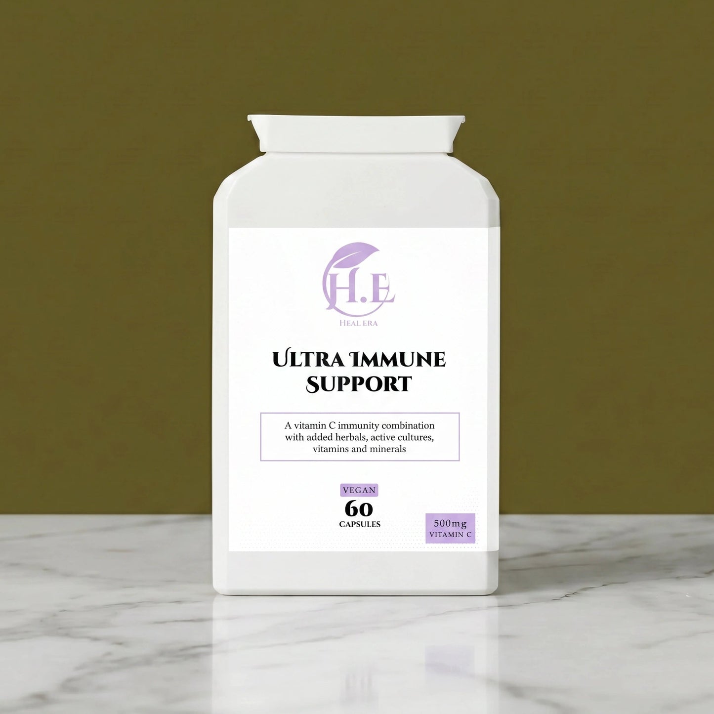 A white bottle of H.E Ultra Immune Support capsules, featuring a clean white label with purple and black text, set on a white marble surface against a solid olive green background.