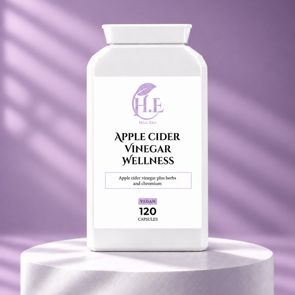 A white bottle of H.E Wellness Apple Cider Vinegar Wellness capsules, displayed on a matching white pedestal against a lavender-purple background with soft diagonal shadows.