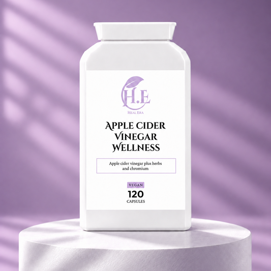 A white bottle of H.E Wellness Apple Cider Vinegar Wellness capsules, displayed on a matching white pedestal against a lavender-purple background with soft diagonal shadows.