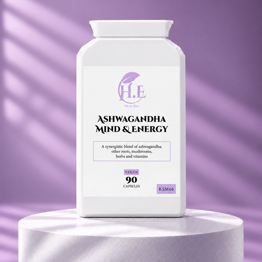 A white bottle of H.E Wellness Ashwagandha Mind & Energy capsules, displayed on a matching white cylindrical pedestal against a purple background with soft diagonal shadows.