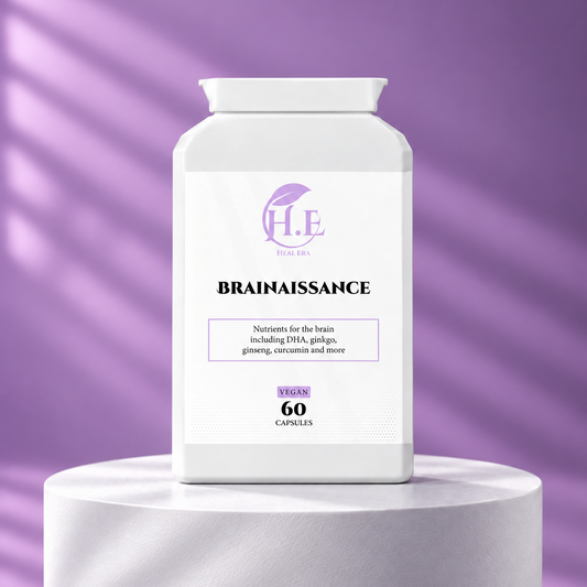 A white supplement bottle labeled 'H.E Brainissance' with purple accents, displayed on a white pedestal against a purple background with soft shadow patterns.
