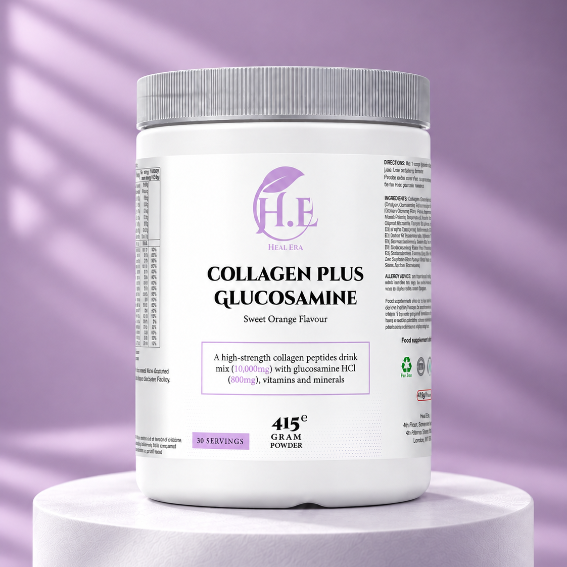 A white plastic tub of H.E Collagen Plus Glucosamine powder with a gray lid, displayed on a white pedestal against a lavender-purple background with soft diagonal shadows.