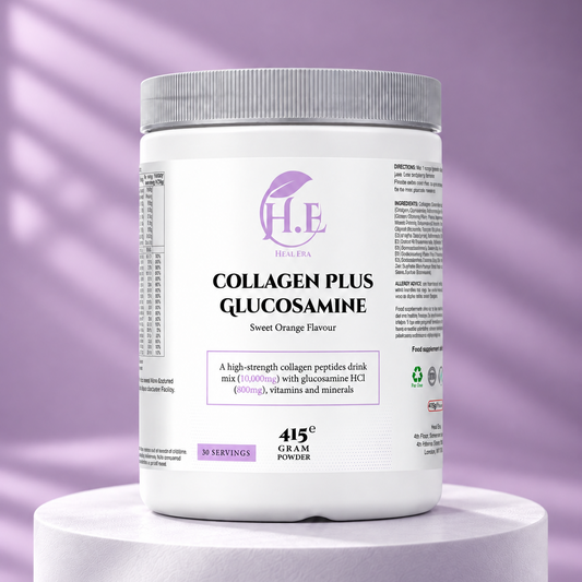 A white plastic tub of H.E Collagen Plus Glucosamine powder with a gray lid, displayed on a white pedestal against a lavender-purple background with soft diagonal shadows.