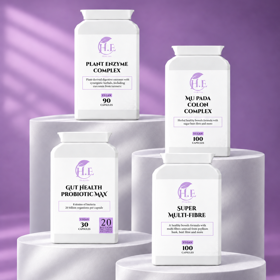 Four white supplement bottles from the brand H.E arranged on white cylindrical pedestals against a purple studio background.