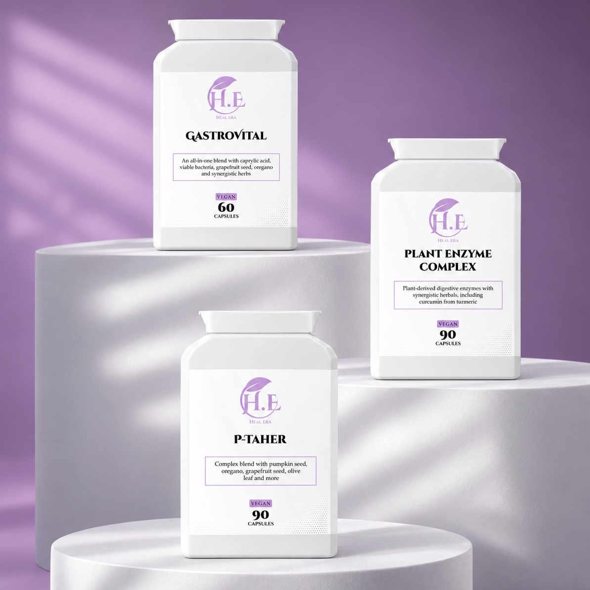Three white supplement bottles from H.E.