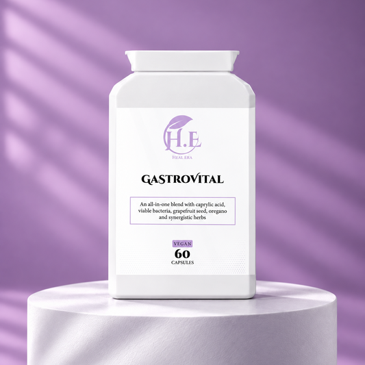 A white supplement bottle labeled H.E Gastrovital stands centered on a white pedestal against a lavender-purple background with soft diagonal shadows.