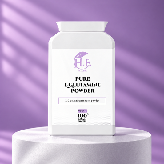 A white bottle of H.E Pure L-Glutamine Powder displayed on a matching white pedestal against a purple background with soft diagonal shadows.
