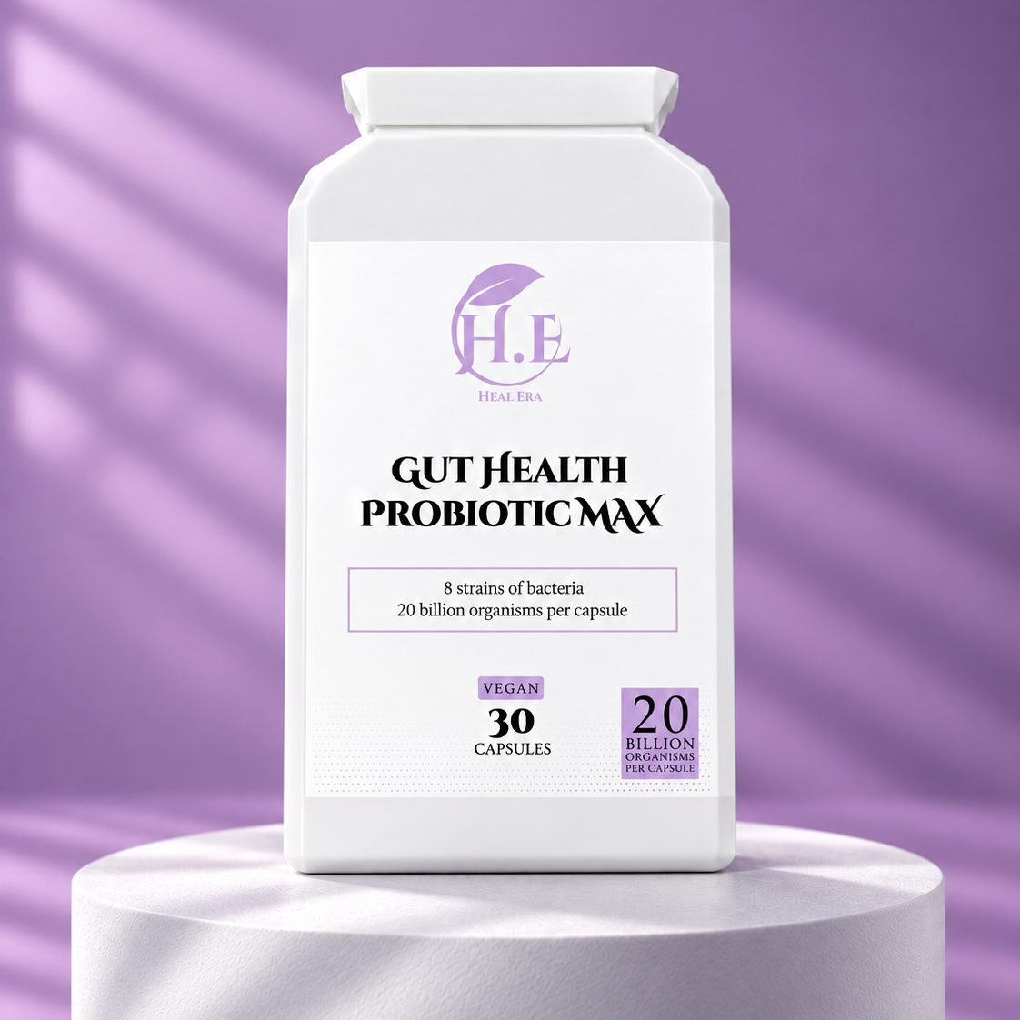 A white bottle of H.E Gut Health Probiotic Max capsules, displayed on a white cylindrical pedestal against a purple background with soft diagonal shadows.