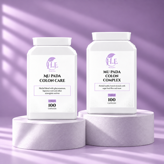 Two white supplement bottles labeled 'MU PADA COLON CARE' and 'MU PADA COLON COMPLEX' by H.E.