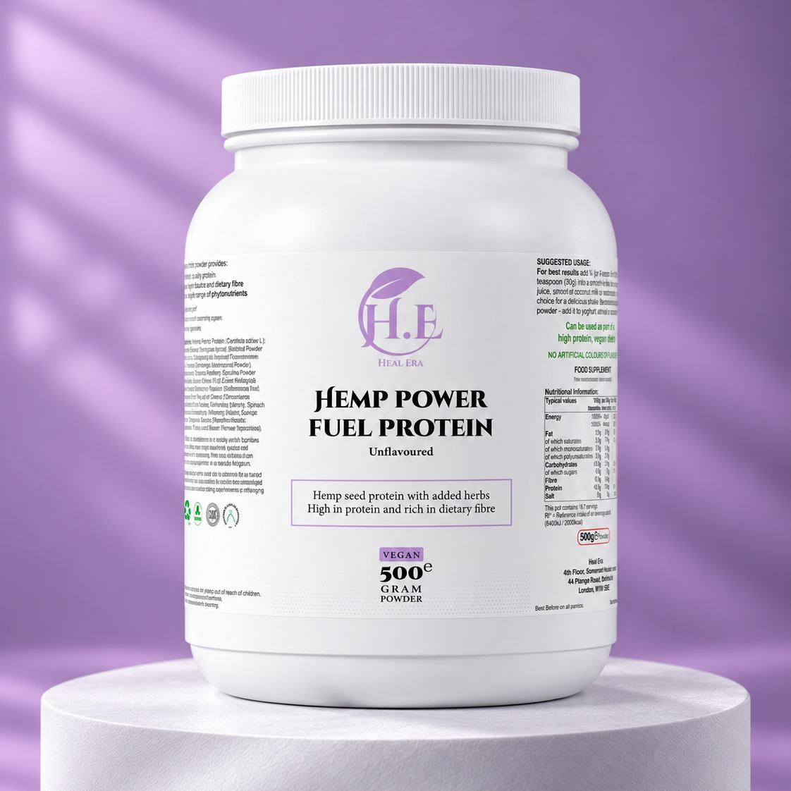A white plastic tub of H.E Hemp Power Fuel Protein powder sits on a white pedestal against a purple background with soft diagonal shadows.