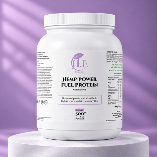 A white plastic tub of H.E Hemp Power Fuel Protein powder sits on a white pedestal against a purple background with soft diagonal shadows.