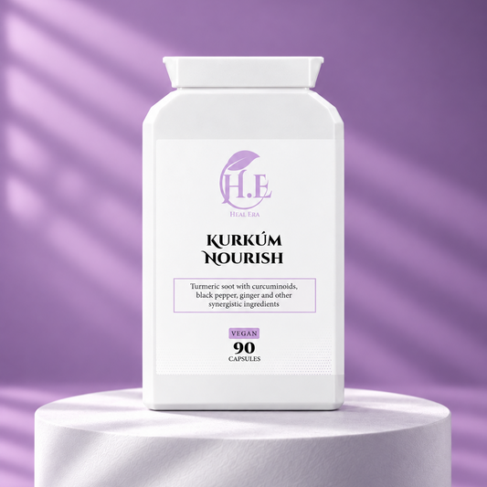 A white bottle of H.E Kurküm Nourish Turmeric capsules displayed on a white cylindrical pedestal against a purple background with soft diagonal shadows.