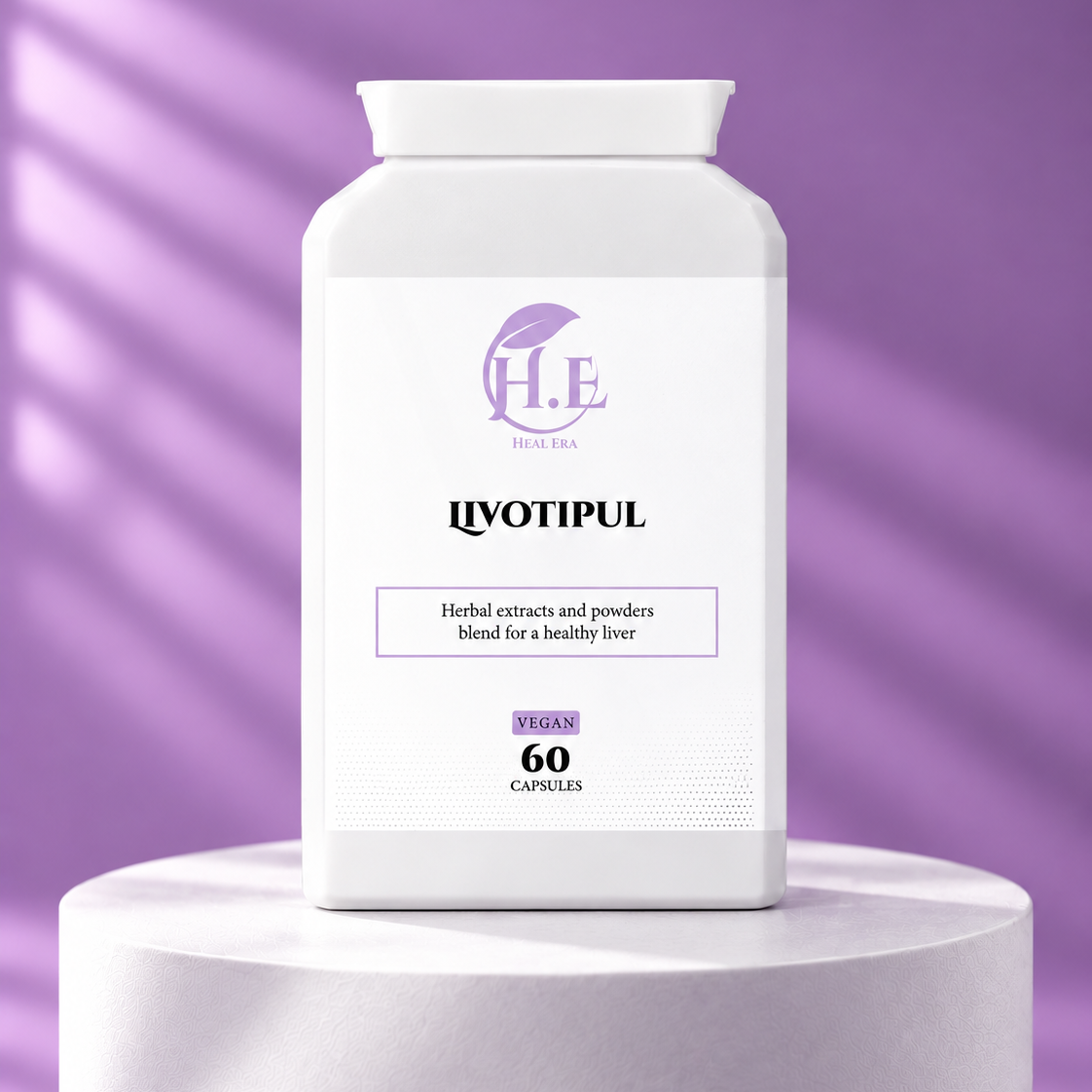 A white plastic bottle of QEENLYOTIPUL herbal capsules with a purple logo, displayed on a white cylindrical pedestal against a purple background with soft diagonal shadows.