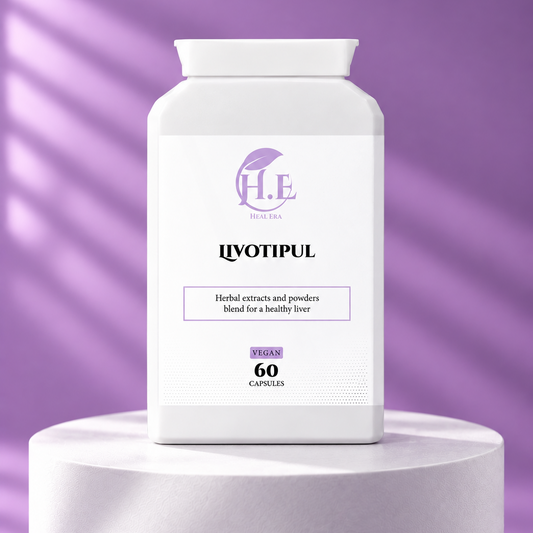 A white plastic bottle of QEENLYOTIPUL herbal capsules with a purple logo, displayed on a white cylindrical pedestal against a purple background with soft diagonal shadows.