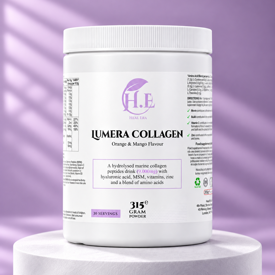 A white plastic tub of H.E Lumera Collagen powder in Orange & Mango Flavour, displayed on a white pedestal against a lavender-purple background with soft diagonal shadows.