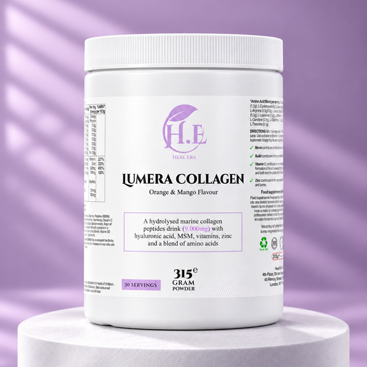 A white plastic tub of H.E Lumera Collagen powder in Orange & Mango Flavour, displayed on a white pedestal against a lavender-purple background with soft diagonal shadows.