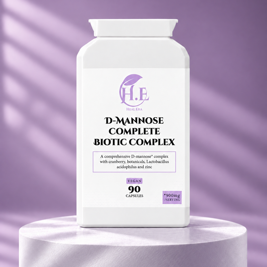 A white bottle of H.E DHA D-Mannose Complete Biotic Complex dietary supplement, displayed on a matching white cylindrical pedestal against a purple background with soft shadow overlays.