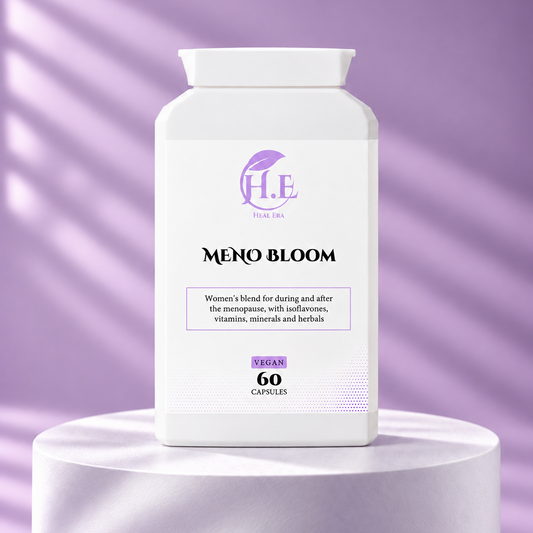A white supplement bottle labeled 'MENO BLOOM' by H.E Wellness Labs, displayed on a white pedestal against a lavender-purple background with soft diagonal shadows.