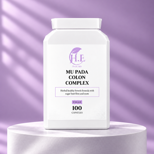 A white plastic bottle of MU PADA COLON COMPLEX dietary supplement, displayed on a white cylindrical pedestal against a lavender-purple background with soft diagonal shadow overlays.