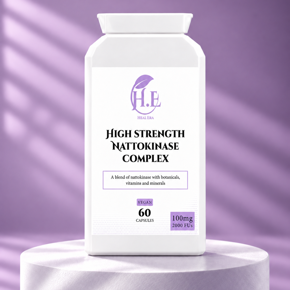 A white bottle of H.E Health Labs High Strength Nattokinase Complex dietary supplement, displayed on a white pedestal against a purple background with soft shadow overlays.