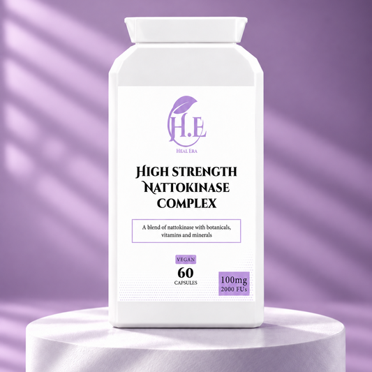 A white bottle of H.E Health Labs High Strength Nattokinase Complex dietary supplement, displayed on a white pedestal against a purple background with soft shadow overlays.