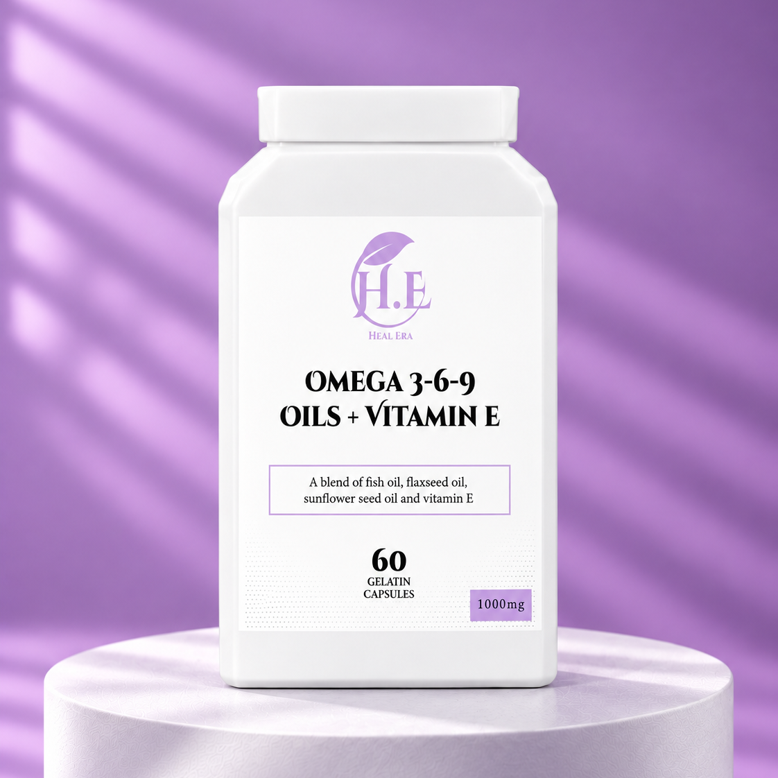 A white bottle of H.E Wellness Labs Omega 3-6-9 Oils + Vitamin E, 60 gelatin capsules, displayed on a white cylindrical pedestal against a purple background with soft diagonal shadows.