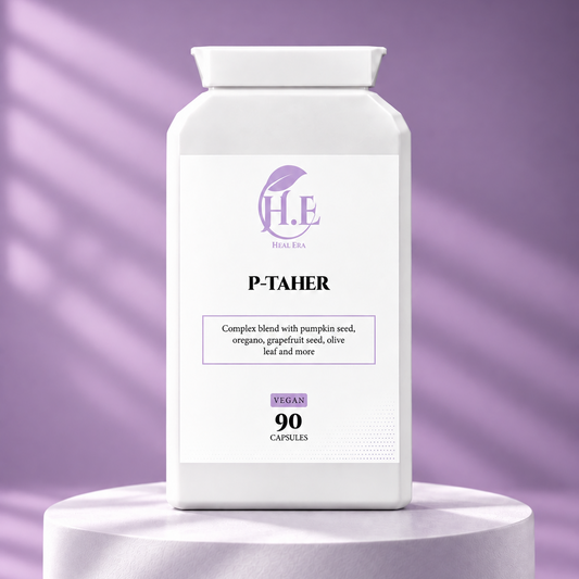 A white supplement bottle labeled 'P-TAHER' by 'H.E Pure Eas' stands on a white pedestal against a lavender-purple background with soft diagonal shadows.