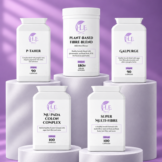 Five white supplement bottles and a white tub arranged on white pedestals against a purple gradient background. The labels show the brand H.