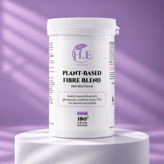 A white plastic tub of H.E Real Era Plant-Based Fibre Blend powder with a white lid, displayed on a white pedestal against a purple background with soft diagonal light streaks.