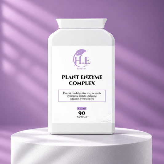 A white bottle of H.E Wellness Labs Plant Enzyme Complex, 90 capsules, displayed on a white cylindrical pedestal against a purple background with soft diagonal shadows.