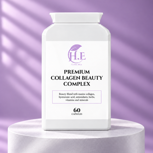 A white bottle of H.E Premium Collagen Beauty Complex capsules displayed on a white pedestal against a lavender-purple background with soft diagonal shadows.