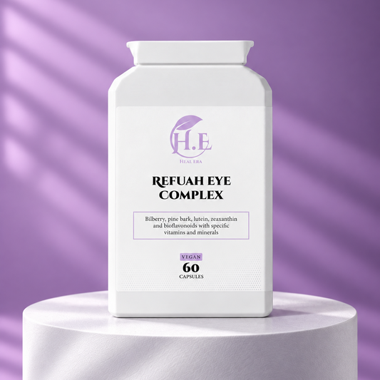 A white bottle of H.E Skincare 'Refuah Eye Complex' capsules displayed on a white cylindrical pedestal against a purple background with soft diagonal shadows.
