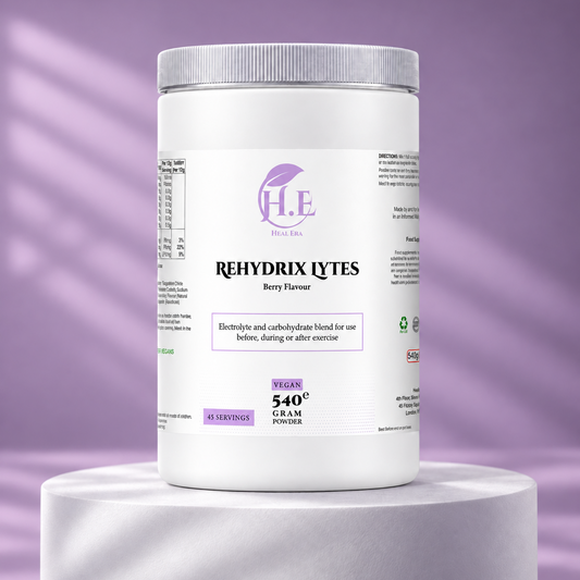 A white plastic tub of H.E Rehydrix Lytes Berry Flavour powder, displayed on a white cylindrical pedestal against a purple background with soft diagonal shadows.