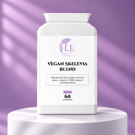 A white supplement bottle labeled 'Vegan Skelevia Blend' by Pure Herbs, displayed on a white pedestal against a lavender-purple background with soft diagonal shadows.