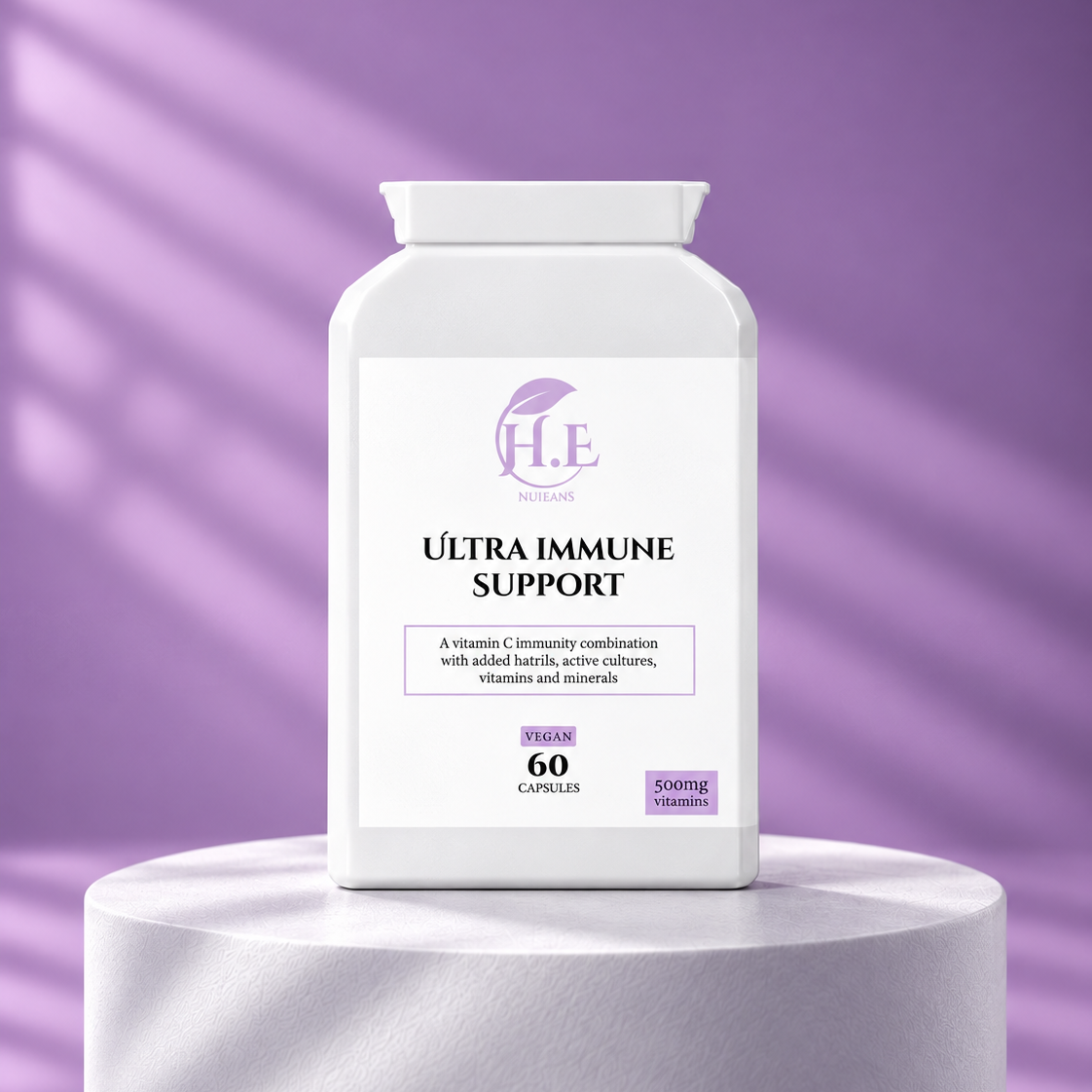 A white supplement bottle labeled 'ULTRA IMMUNE SUPPORT' with a purple logo and text, displayed on a white pedestal against a purple background with soft diagonal shadows.