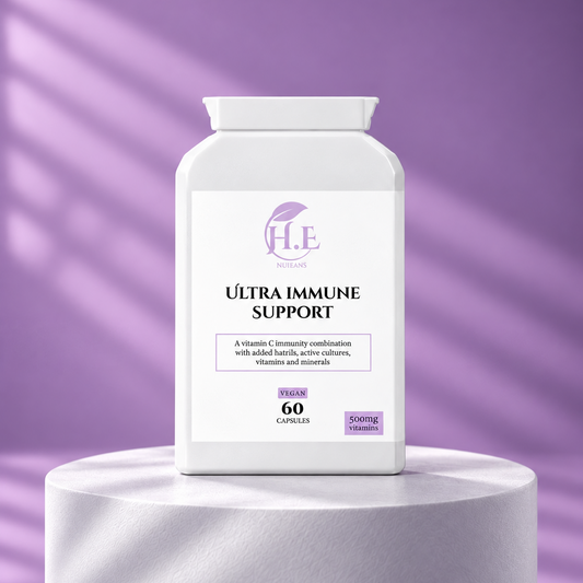 A white supplement bottle labeled 'ULTRA IMMUNE SUPPORT' with a purple logo and text, displayed on a white pedestal against a purple background with soft diagonal shadows.