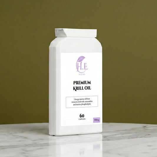 A white bottle of H.E Natural Premium Krill Oil capsules, 60 count, set on a white marble surface against a solid olive green background.