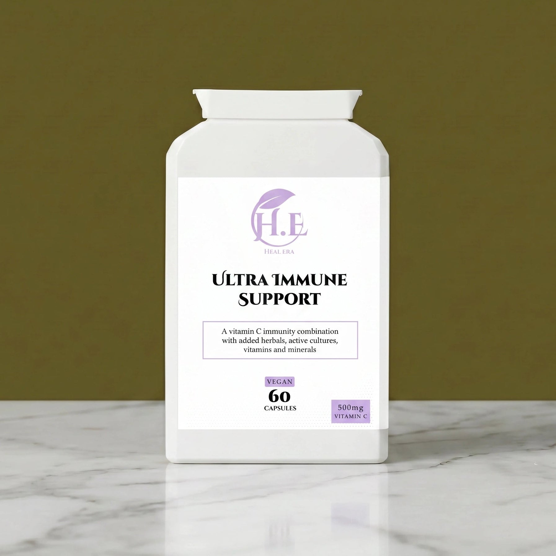 A white bottle of H.E Ultra Immune Support capsules, featuring a clean white label with purple and black text, set on a white marble surface against a solid olive green background.
