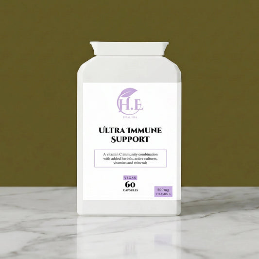 A white bottle of H.E Ultra Immune Support capsules, featuring a clean white label with purple and black text, set on a white marble surface against a solid olive green background.